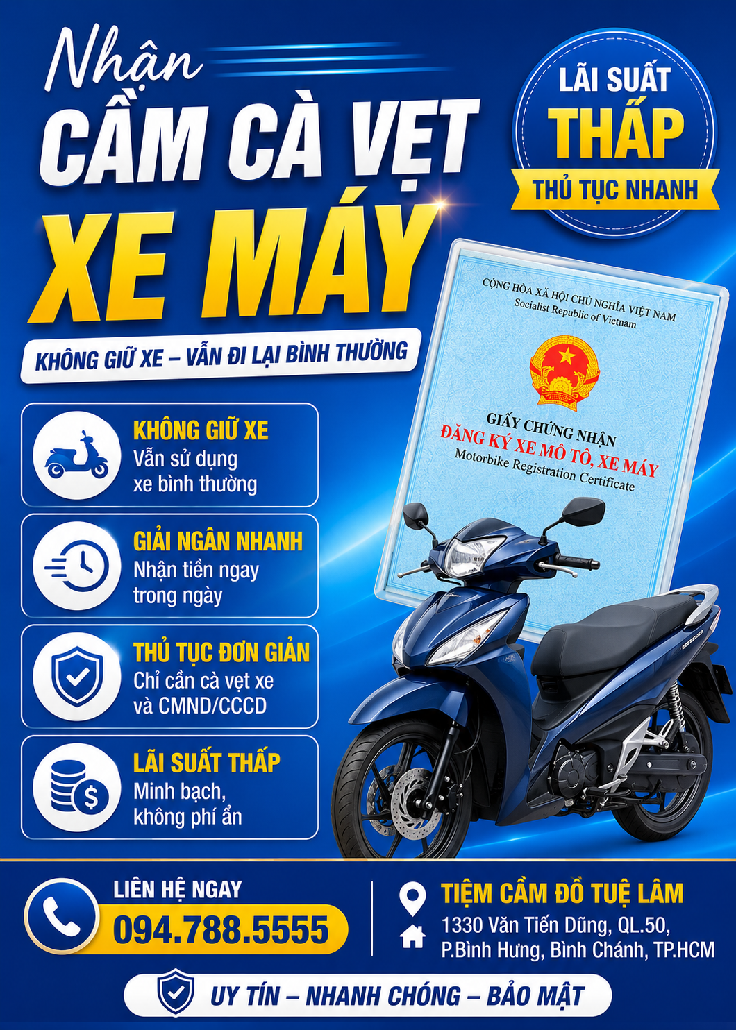 Nhận cầm cà vẹt giấy phép đăng ký xe máy, không cầm xe
