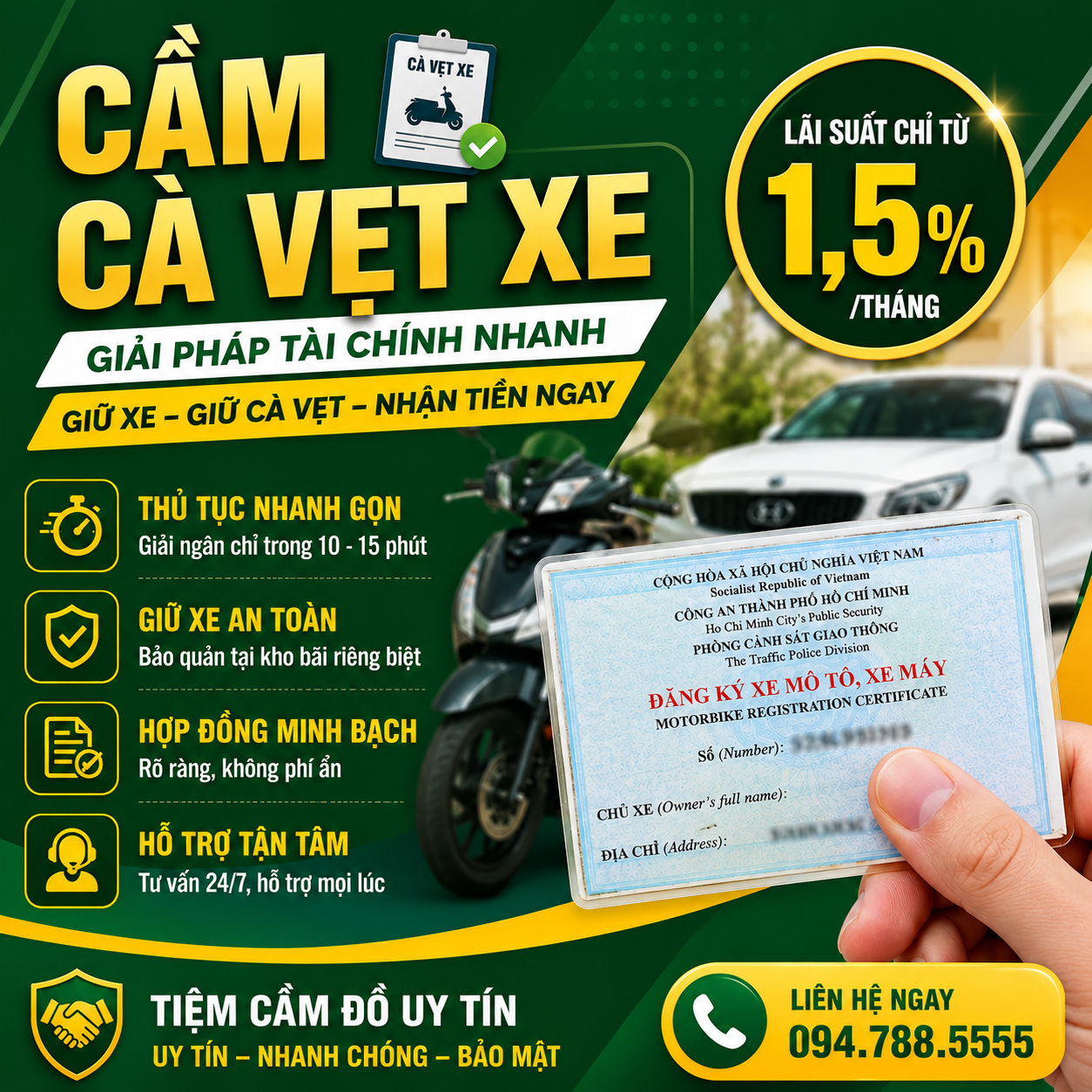 Cầm cà vẹt xe máy, giá trị cầm giấy tờ xe cao tại huyện Bình Chánh