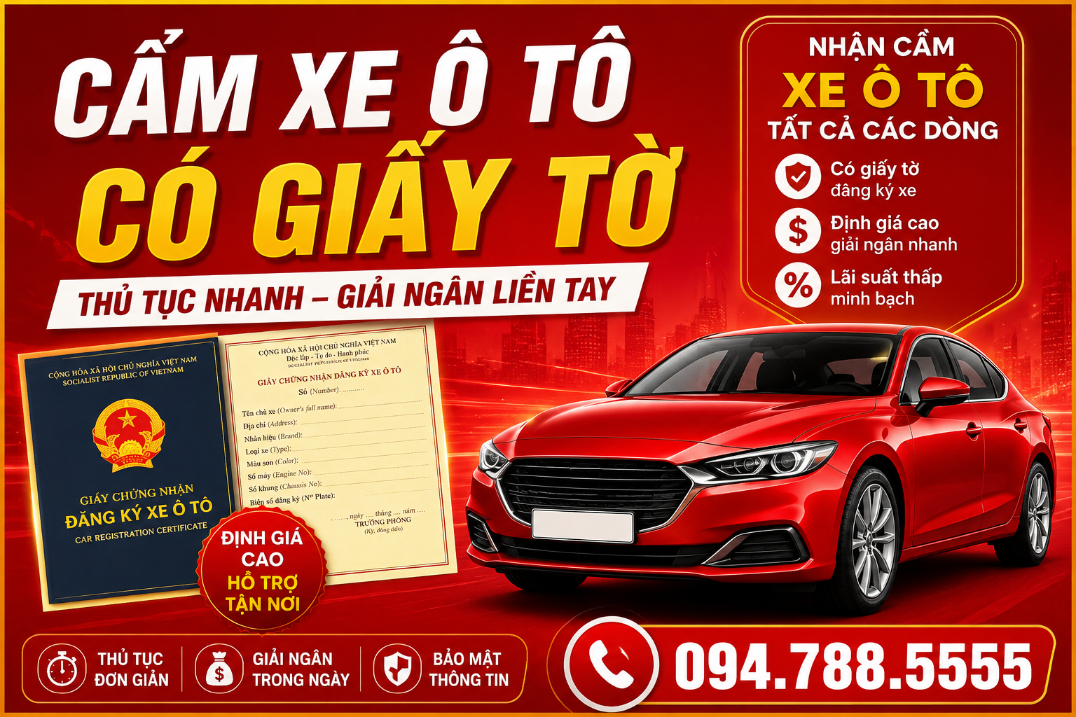 cầm xe ô tô có giấy tờ, ô tô đang trả góp ngân hàng
